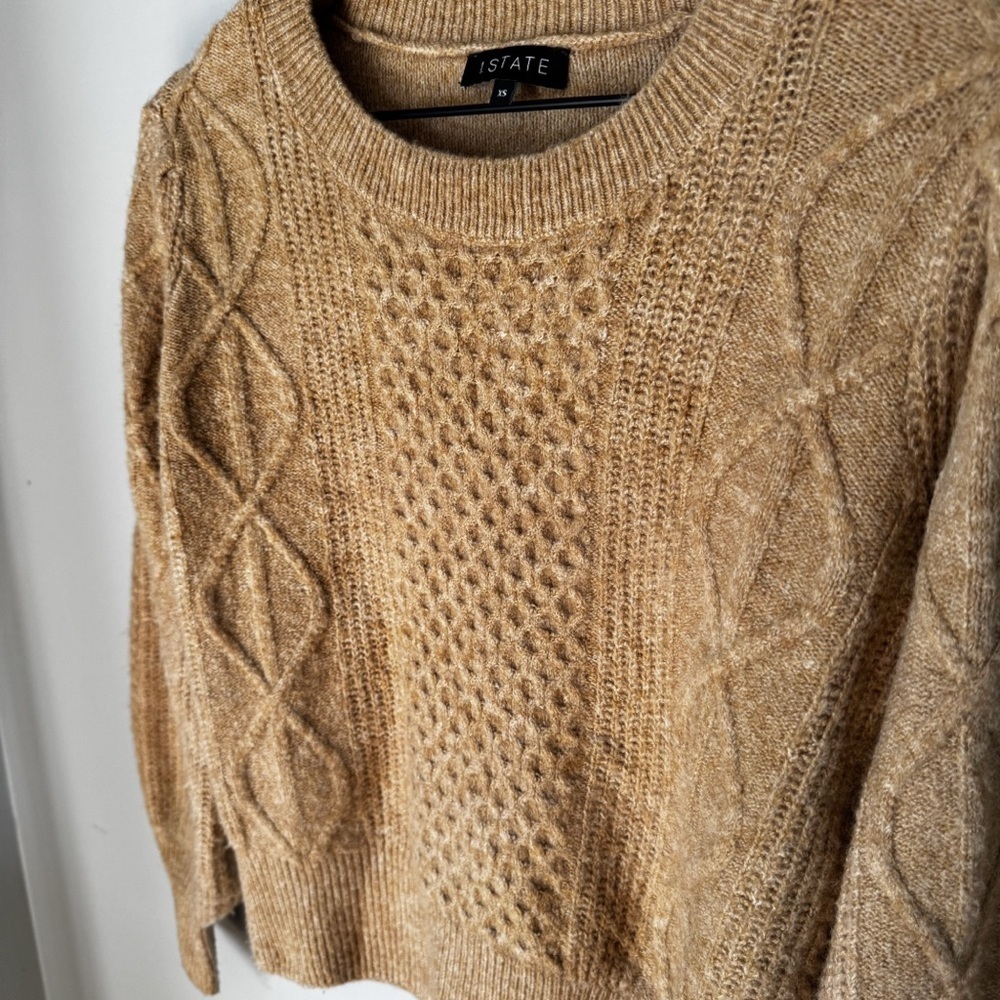 1. State Variegated Cable Crew-Neck Puff Sleeve Fisherman Brown Sweater Sz XS - Picture 5 of 9